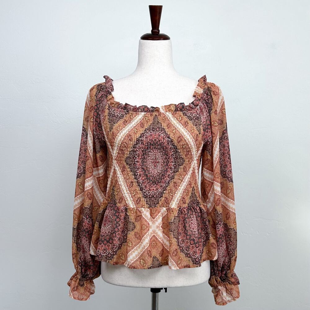 Flying Tomato Tan and Brown Printed Peasant Blouse